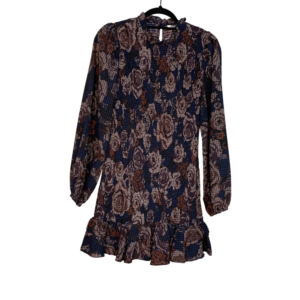Zara Floral Mini Dress Long Sleeve Ruffle Smocked Neck Brown Blue Women's Size M